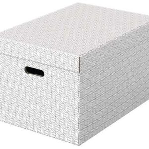 esselte pack de 3 cajas grandes de almacenamiento con tapa 355x305x510mm carton 100% reciclado y reciclable asas integradas diseño blanco con dibujo