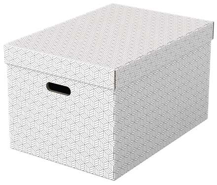 esselte pack de 3 cajas grandes de almacenamiento con tapa 355x305x510mm carton 100% reciclado y reciclable asas integradas diseño blanco con dibujo