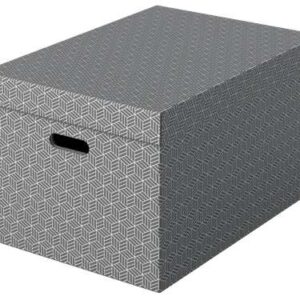 esselte pack de 3 cajas grandes de almacenamiento con tapa 355x305x510mm carton 100% reciclado y reciclable asas integradas diseño gris con dibujo