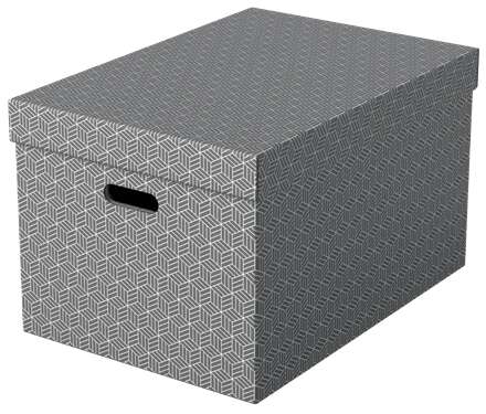 esselte pack de 3 cajas grandes de almacenamiento con tapa 355x305x510mm carton 100% reciclado y reciclable asas integradas diseño gris con dibujo