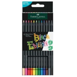 faber castell black edition pack de 12 lapices de colores mina supersuave madera negra ideales para dibujo sobre papel claro, oscuro y de colores colores surtidos