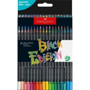 faber castell black edition pack de 36 lapices de colores mina supersuave madera negra ideales para dibujo sobre papel claro, oscuro y de colores colores surtidos
