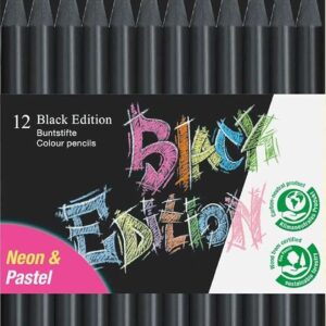 faber castell black edition pack de 12 lapices de colores neon+pastel mina supersuave madera negra ideales para dibujo sobre papel claro, oscuro y de colores colores surtidos