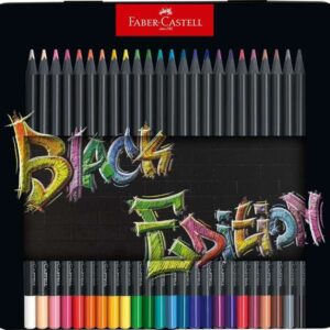 faber castell black edition caja metalica de 24 lapices de colores mina supersuave madera negra ideales para dibujo sobre papel claro, oscuro y de colores colores surtidos