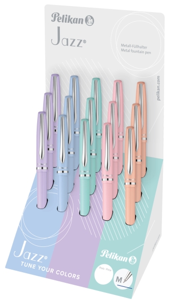 pelikan jazz pastel expositor con 15 boligrafos con mecanismo de giro punta media cuerpo lacado recargable color pastel surtidos