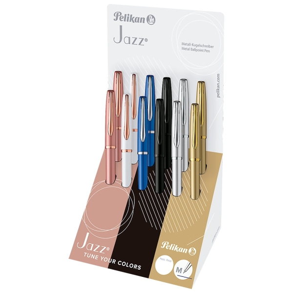 pelikan sfera jazz noble elegance expositor con 12 boligrafos con mecanismo de giro punta media diseño elegante y sofisticado incluye estuche de regalo