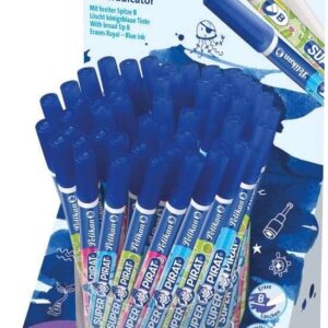 pelikan expositor de 50 boligrafos super pirat 850 b borratinta de pluma estilografica y roller punta blanca y reescribe punta m en forma de cincel color azul