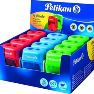 pelikan v blade sacapuntas doble orificio + deposito colores azul, rojo y verde