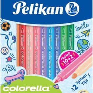 pelikan caja de 12 rotuladores escolares colorella duo c407 10+2 colores doble punta fina 1mm y gruesa 2mm lavables