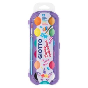 giotto candy collection estuche de 12 acuarelas de 30mm + pincel colores brillantes, intensos y vivos muy cubrientes colores surtidos
