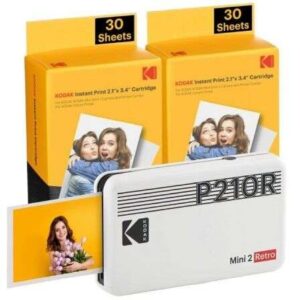 kodak mini 2 retro pack de impresora fotografica portatil bluetooth + 60 hojas de papel fotografico formato de impresion 5,3x8,6cm alimentacion por bateria color blanco