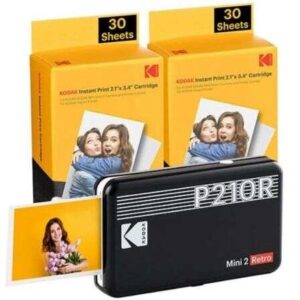 kodak mini 2 retro pack de impresora fotografica portatil bluetooth + 60 hojas de papel fotografico formato de impresion 5,3x8,6cm alimentacion por bateria color negro