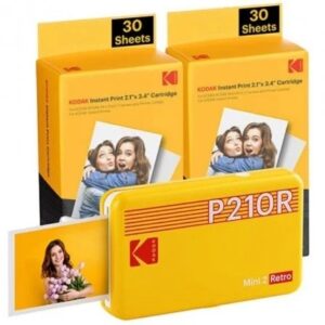 kodak mini 2 retro pack de impresora fotografica portatil bluetooth + 60 hojas de papel fotografico formato de impresion 5,3x8,6cm alimentacion por bateria color amarillo