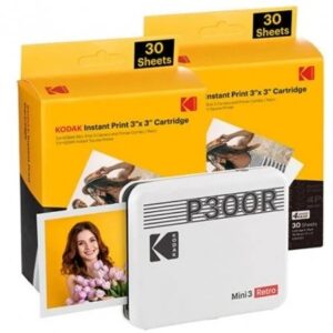 kodak mini 3 retro pack de impresora fotografica portatil bluetooth + 60 hojas de papel fotografico formato de impresion 7.62x7.62cm alimentacion por bateria color blanco