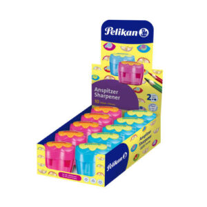 pelikan flower expositor de 10 sacapuntas 2 orificios con tapa deposito para residuos cuchillas de acero inoxidable colores azul y rosa