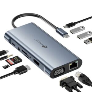 leotec adaptador 11 en 1 usb c a 1xhdmi, 1xvga, 1xrj45, 3xusb a 3.0, 1xusb c pd, 1xusb c, 1xtf+1xsd, 1x audio color gris