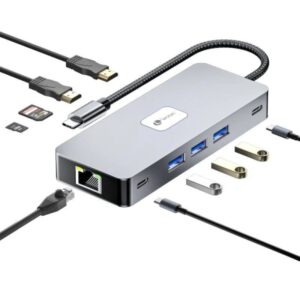 leotec adaptador 10 en 1 usb c a 2xhdmi, 1xrj45, 3xusb a 3.0, 1xusb c pd, 1xusb c, 1xtf/sd+1xmicrosd color gris