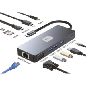 leotec adaptador 11 en 1 plus usb c a 1xdisplayport, 1xhdmi, 1xvga, 1xrj45, 3xusb a 3.2, 1xusb c pd, 1xtf+1xsd, 1x audio color gris