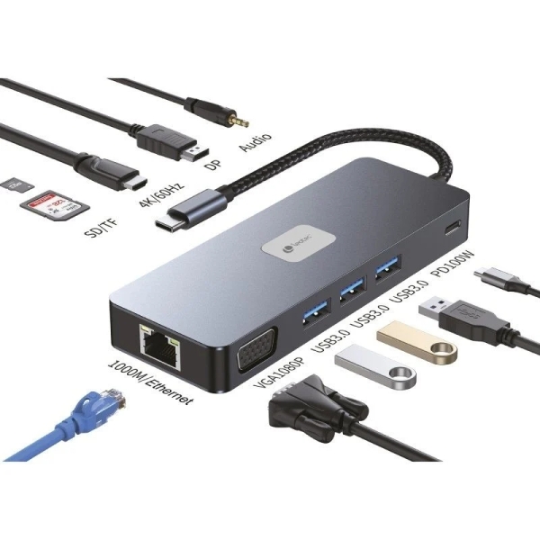 leotec adaptador 11 en 1 plus usb c a 1xdisplayport, 1xhdmi, 1xvga, 1xrj45, 3xusb a 3.2, 1xusb c pd, 1xtf+1xsd, 1x audio color gris