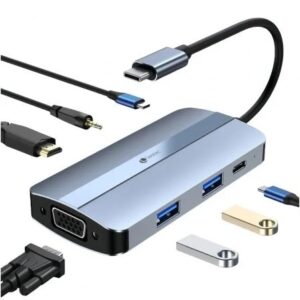leotec adaptador 7 en 1 usb c a 1xhdmi, 1xvga, 1xusb a 3.0, 1xusb a 2.0, 1xusb c, 1x usb c pd, 1xaudio color gris