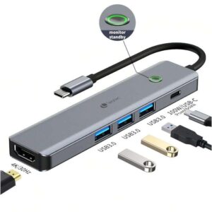 leotec adaptador 5 en 1 usb c a 1xhdmi, 3xusb a 3.0, 1xpd 100w+usb c color gris