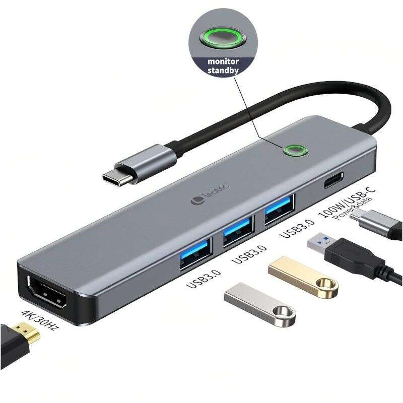 leotec adaptador 5 en 1 usb c a 1xhdmi, 3xusb a 3.0, 1xpd 100w+usb c color gris