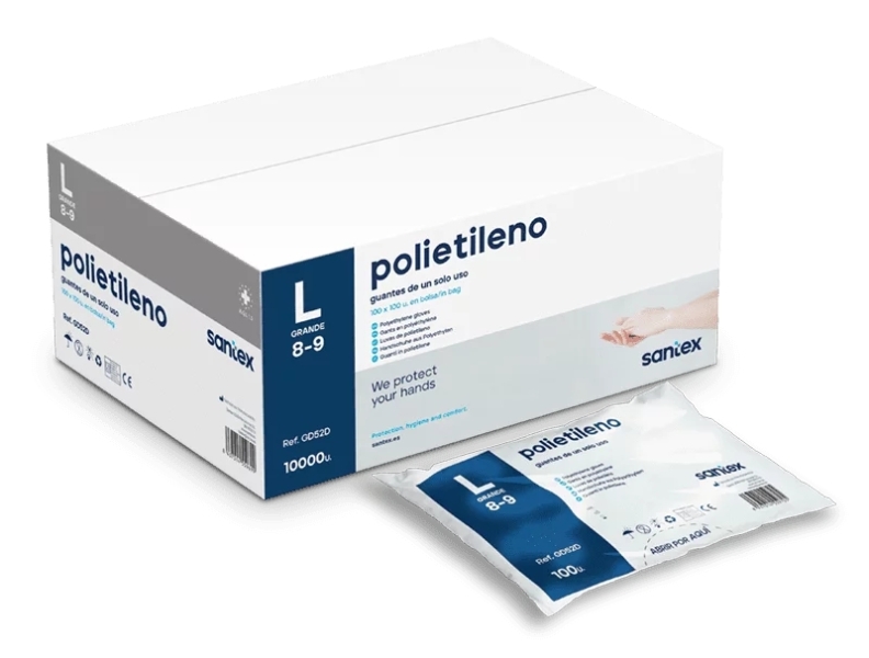 santex polietileno pack de 100 guantes de polietileno talla l sin polvo libre de latex no esteriles transparentes