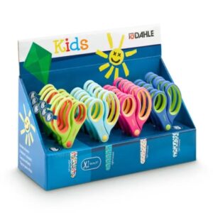 dahle 54683 kids expositor de 24 tijeras infantiles 13cm puntas redondeadas acero inoxidable mangos ergonomicos recubiertos de goma colores surtidos
