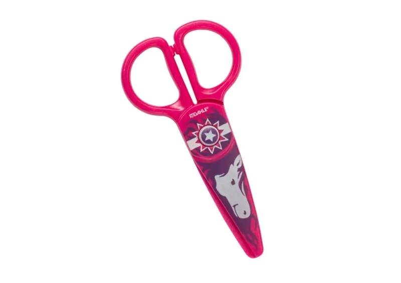 dahle 54675 kids tijeras infantiles 12cm para los mas pequeños hojas de plastico puntas redondeadas modelo caballo color rosa