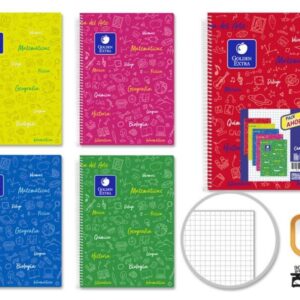 golden pack de 5 cuadernos asignatura folio 80 hojas 90gr cuadricula 4x4 resistente tapa plastica ideal para estudiantes colores surtidos