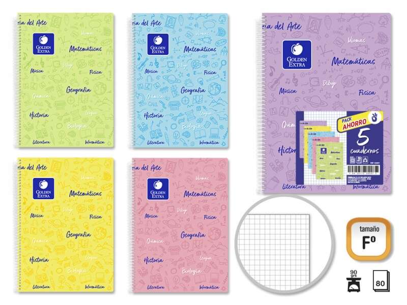 golden pack de 5 cuadernos asignatura folio 80 hojas 90gr cuadricula 4x4 resistente tapa plastica ideal para estudiantes colores pastel surtidos