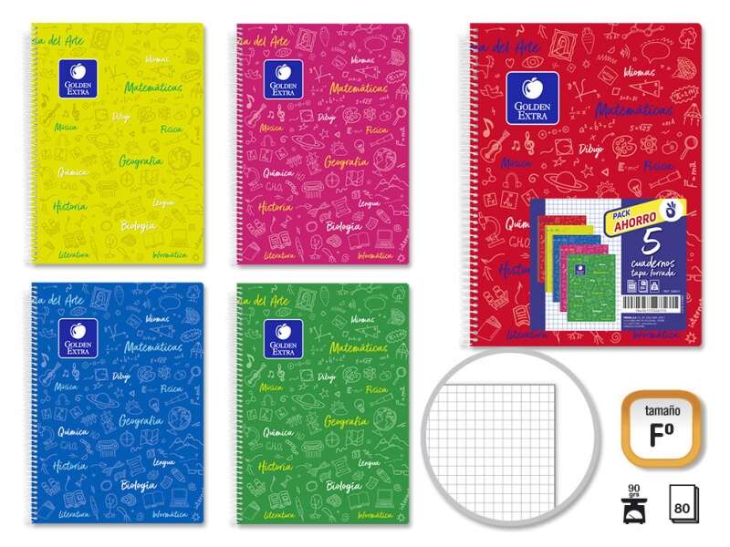 golden pack de 5 cuadernos folio 80 hojas 90gr cuadricula 4x4 resistente ideal para estudiantes tapa forrada colores surtidos