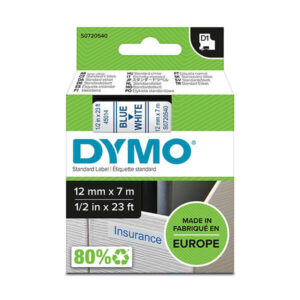 dymo d1 cinta de etiquetas original para rotuladora texto azul sobre fondo blanco ancho 12mm x 7 metros s0720540