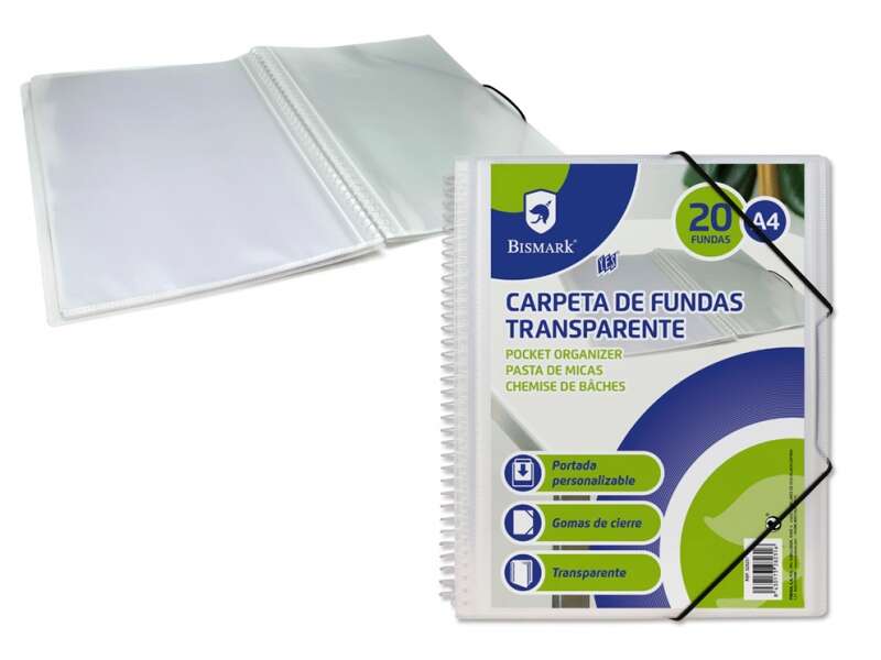 bismark carpeta espiral con 20 fundas transparentes a4 polipropileno portada personalizable espiral plastica indeformable apertura 360 grados gomas de cierre