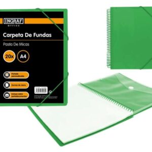 ingraf carpeta 20 fundas a4 + sobre con broche espiral plastica indeformable apertura 360 grados portada personalizable color verde