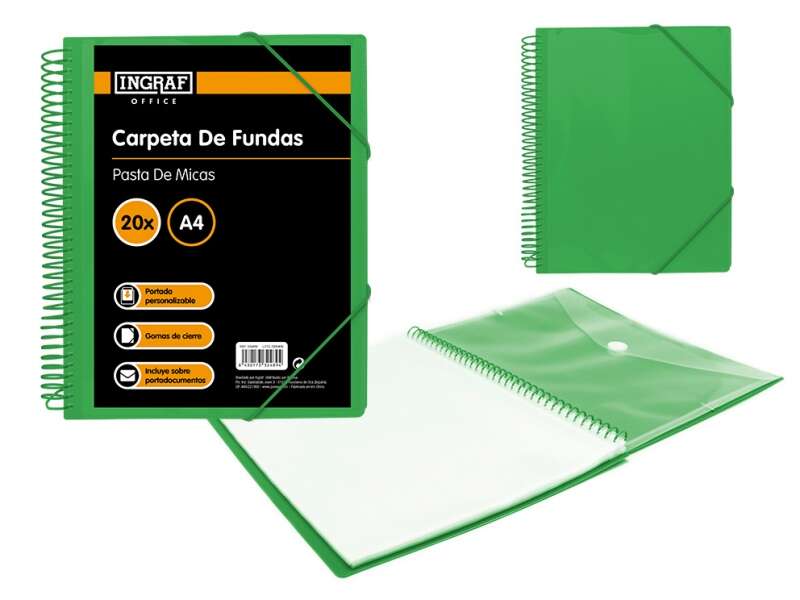 ingraf carpeta 20 fundas a4 + sobre con broche espiral plastica indeformable apertura 360 grados portada personalizable color verde