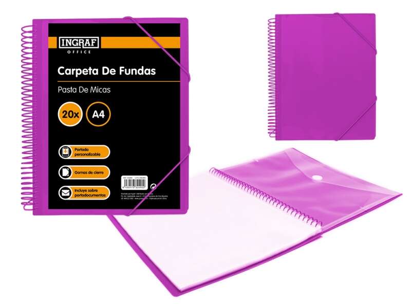 ingraf carpeta 20 fundas a4 + sobre con broche espiral plastica indeformable apertura 360 grados portada personalizable color morado