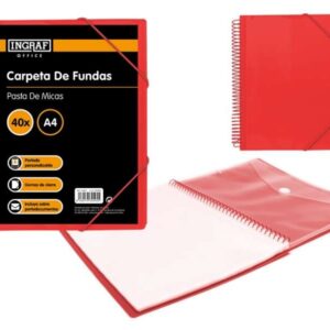 ingraf carpeta 40 fundas a4 + sobre con broche espiral plastica indeformable apertura 360 grados portada personalizable color rojo