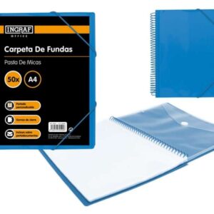 ingraf carpeta 50 fundas a4 + sobre con broche espiral plastica indeformable apertura 360 grados portada personalizable color azul
