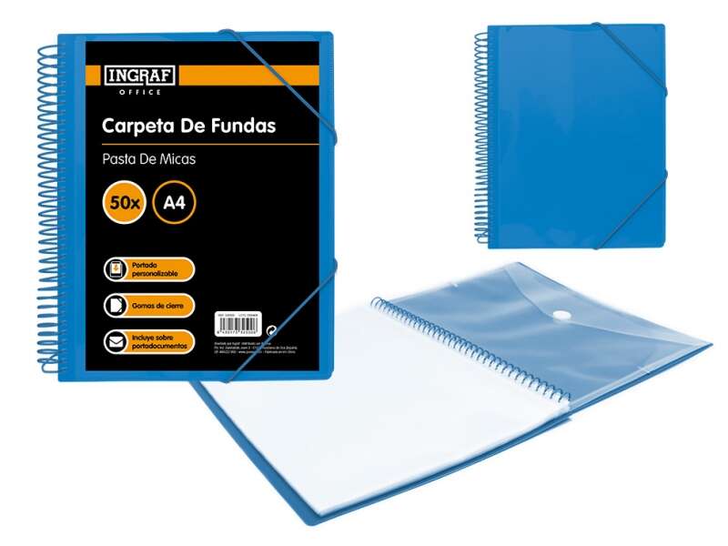 ingraf carpeta 50 fundas a4 + sobre con broche espiral plastica indeformable apertura 360 grados portada personalizable color azul