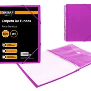 ingraf carpeta 50 fundas a4 + sobre con broche espiral plastica indeformable apertura 360 grados portada personalizable color morado