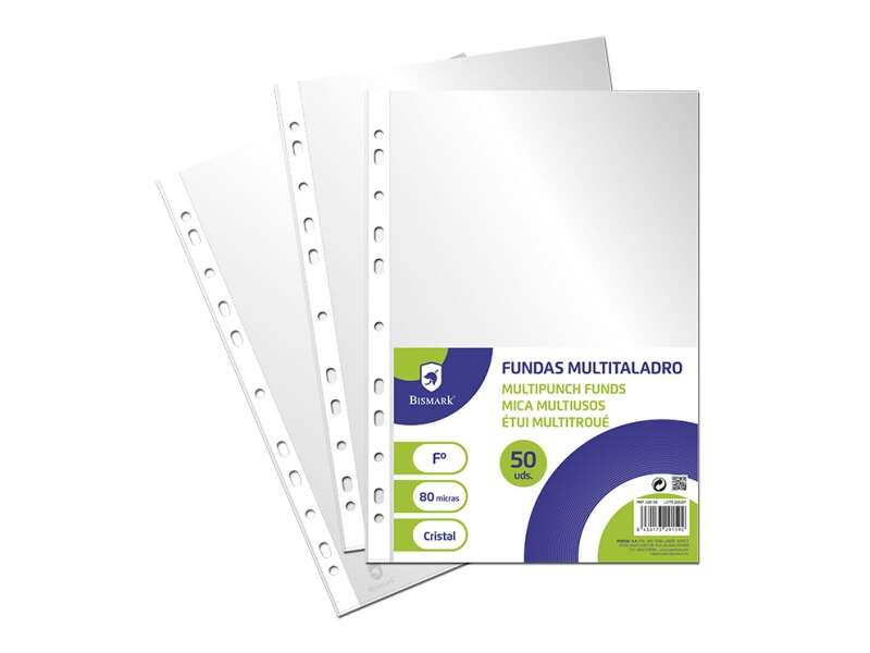 bismark pack de 50 fundas multitaladro tamaño folio 80 micras acabado en cristal ideal para carpetas con mecanismo de anillas disponible en varios tamaños