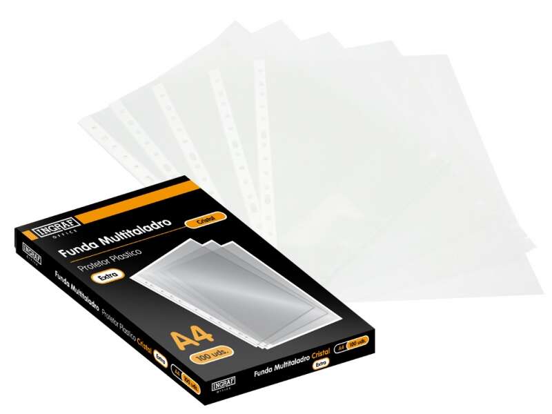 ingraf pack de 100 fundas multitaladro a4 transparentes 70 micras acabado en cristal