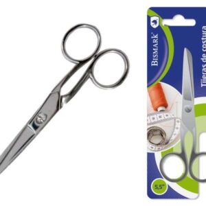 bismark tijera de costura en acero inoxidable 14cm fijacion por tornillo presion constante entre hojas presentacion en blister color plata