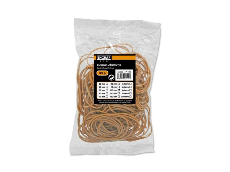 ingraf bolsa de 100gr de gomas elasticas 100mm alta calidad 70% caucho gran resistencia y elasticidad color marron