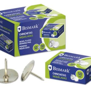 bismark caja de 50 chinchetas niqueladas planas resistencia alta acabado brillante color plata