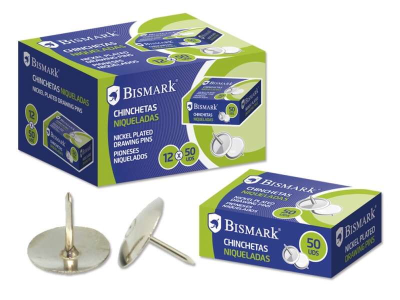 bismark caja de 50 chinchetas niqueladas planas resistencia alta acabado brillante color plata