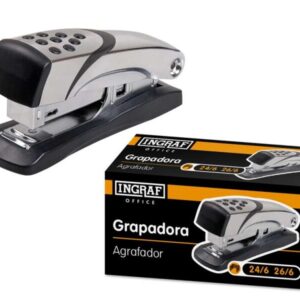 ingraf n4 grapadora metalica cuerpo metalico con adornos en plastico recubrimiento de goma antideslizante compatible con grapas 24/6 y 26/6 color gris