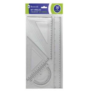 bismark quality pack de 4 reglas para dibujo incluye regla 30cm, escuadra 13cm, cartabon 18cm y transportador 10cm graduados y biselados ideal para el colegio transparentes