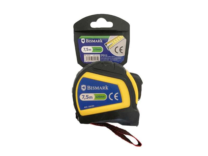 bismark flexometro 7.5m con freno carcasa reforzada extra fuerte de goma cinta para colgar color negro/amarillo